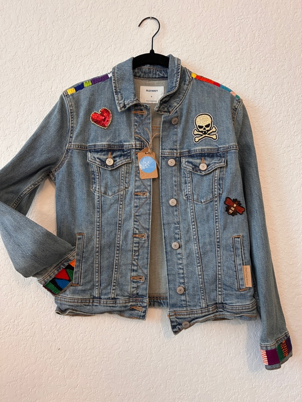 Old Navy Light Wash Denim Jacket Colorful Patchwork Accents Frida Kahlo theme